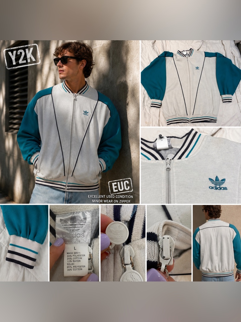 Vintage Adidas Originals Trefoil Teal Gray Full Zip Track Jacket Men’s L Y2K